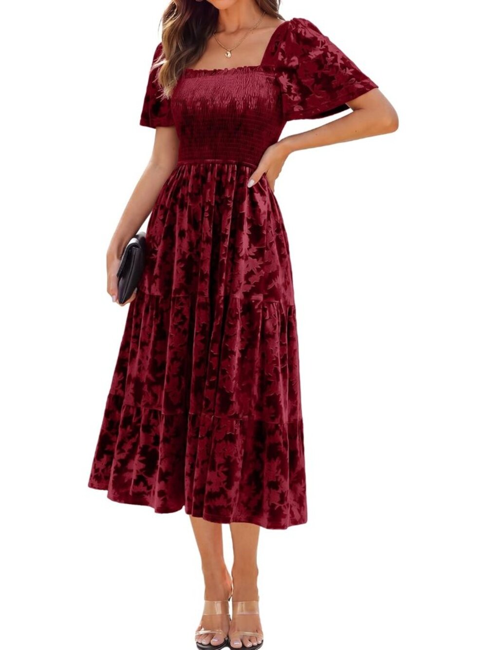 Women's Wine Red Square Neck Short Sleeve Formal Wedding Velvet Maxi Dresses